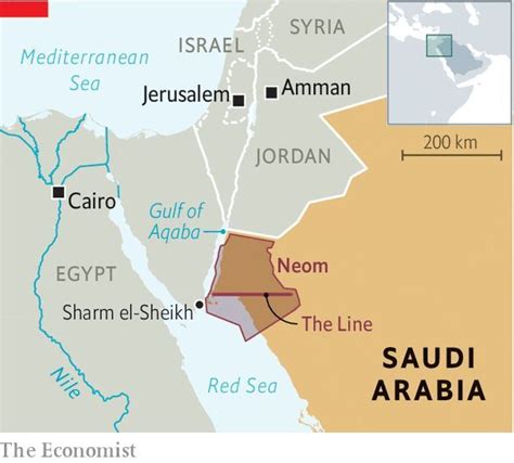 Map of the under construction city of Neom, Saudi Arabia, including ‘The Line’, a planned linear ...