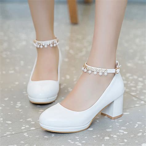 White Women Wedding Shoes Crystal Preal Ankle Strap Bridal Shoes Woman Dress Shoes Seay Pumps ...