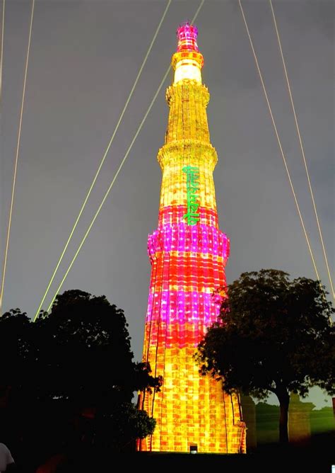 New Delhi : Illuminated Qutub Minar during the launch of 'Mera Gaon Meri Dharohar' (MGMD) project