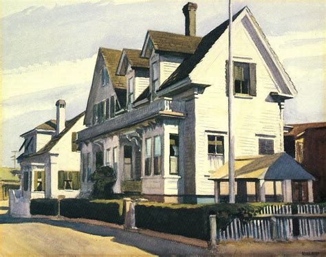 a painting of a white house on a street corner with a fence in front of it