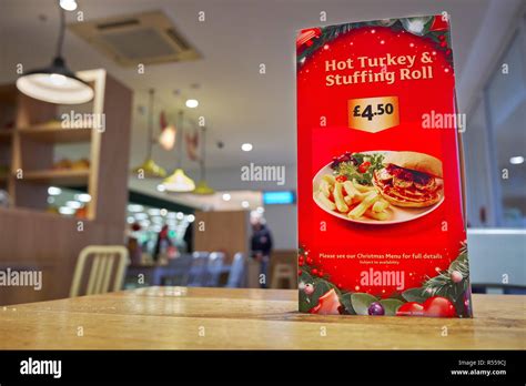 Christmas menu on a table at the Morrisons cafe in Corby, England Stock ...