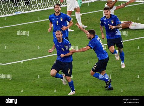 Giorgio Chiellini of Italy celebrates after scoring goal 1-0 canceled by VAR during the UEFA ...