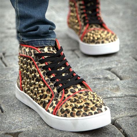 Men's Leopard Print Shoes Fashion Casual Spikes Studded Sneakers Pink ...