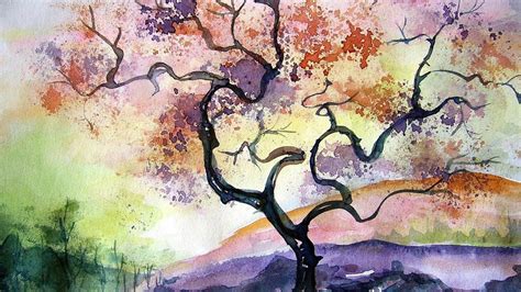 painting, Watercolor, Artwork, Warm, Colors, Nature, Landscape, Trees ...