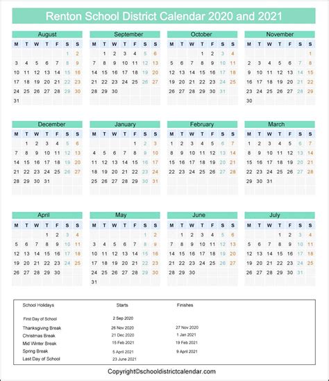 Renton School District Calendar Holidays 2020-2021