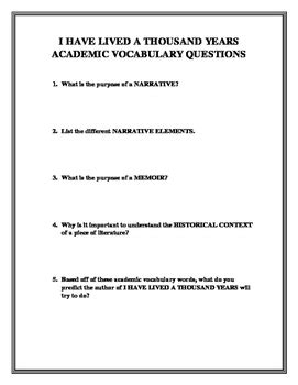 I HAVE LIVED A THOUSAND YEARS academic vocabulary questions by frogzELA