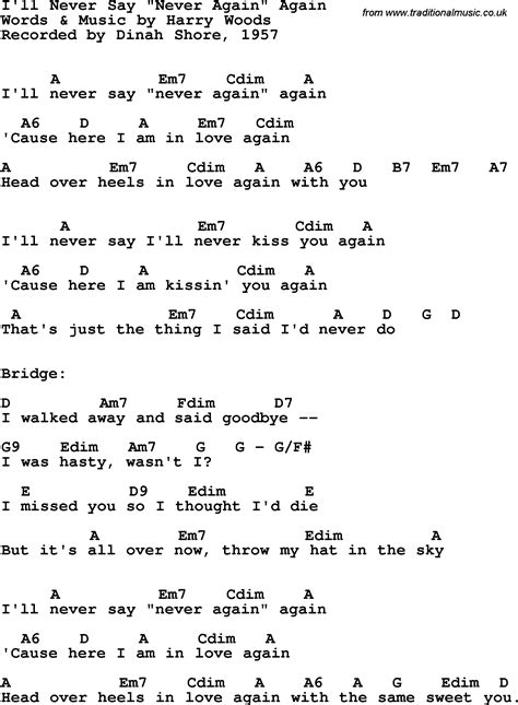 Song lyrics with guitar chords for I'll Never Say Never Again Again - Dinah Shore, 1957