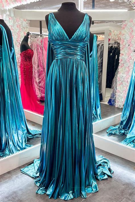 V-Neck Metallic Pleated Malachite Blue Prom Dress with Cape – FancyVestido