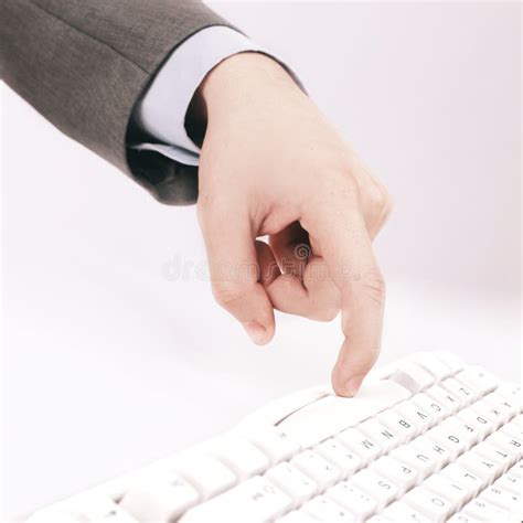 Closeup. Businessman Press a Key on the Computer Keyboard. Stock Image - Image of desk ...