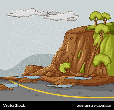 Nature scene background with mud slides and rain Vector Image