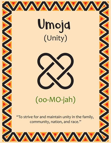 A card with one of the Kwanzaa principles. Symbol Umoja means Unity in Swahili. Poster with sign ...