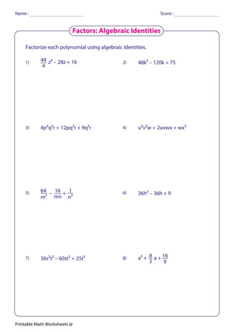 Factors - Algebraic Identities Worksheet printable pdf download