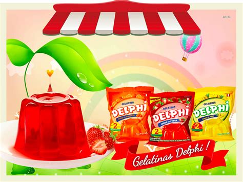 an advertisement for delphi gelatin desserts with fruit on the side and green leaf