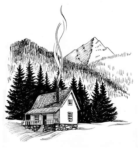 Berge Mit Dem Haus Und Wald Graviert, Hand Gezeichnete Vektorillustration In Holzschnitt ...