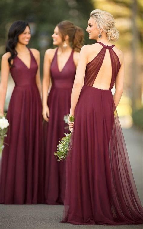 burgundy tulle Bridesmaid Dresses,v-neck Bridesmaid Dress,long Bridesmaid Dress,Cheap Bridesmaid ...