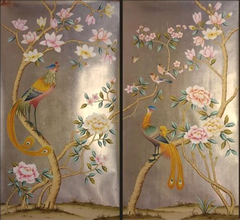 Luxurious Hand painted gold foil wallpaper painting Magnolia with birds wallcovering many arts ...