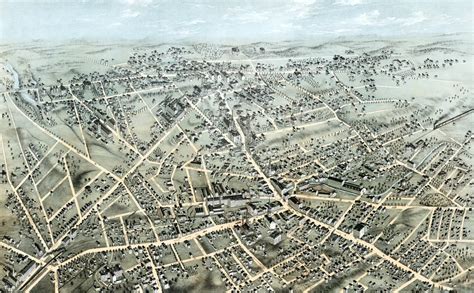 Historic old map shows a bird's eye view of Meriden, Connecticut in 1875