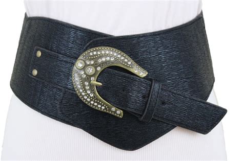 Women Belt Hip Waist Black Wide Western Faux Leather Bling Buckle Plus ...