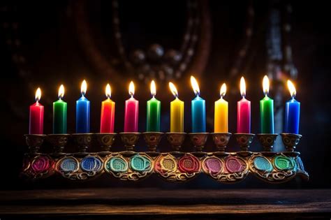 Premium AI Image | Menorah with colorful candles and decorations