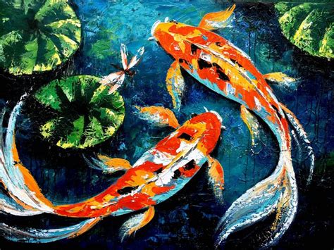 koi fish pond Painting on Canvas Original painting for Home Decor Acrylic Oil Painting Original ...