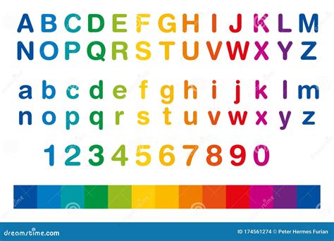 Rainbow Colored Alphabet and Numbers in a Row Stock Vector - Illustration of numbers, vector ...