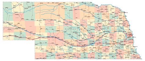 Large administrative map of Nebraska state with roads, highways and ...