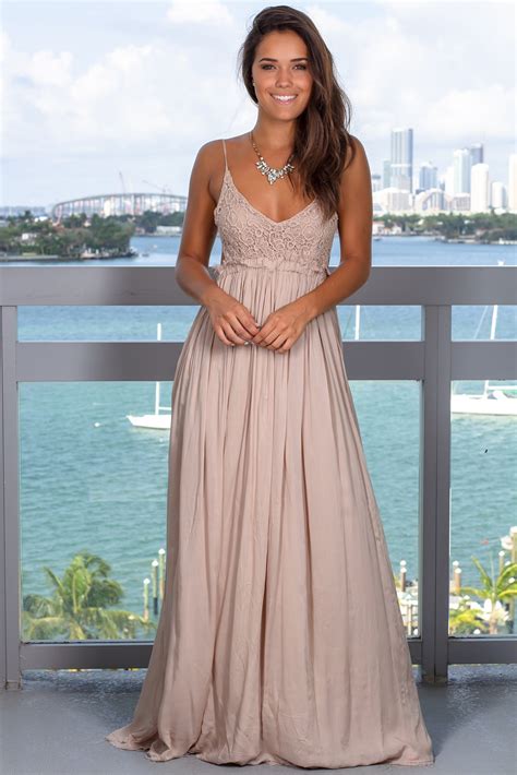 Taupe Lace Maxi Dress With Open Back and Frayed Hem | Beautiful Dresses – Saved by the Dress