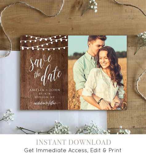 Rustic Save the Date Template, Printable Photo Card, 100% Editable ...