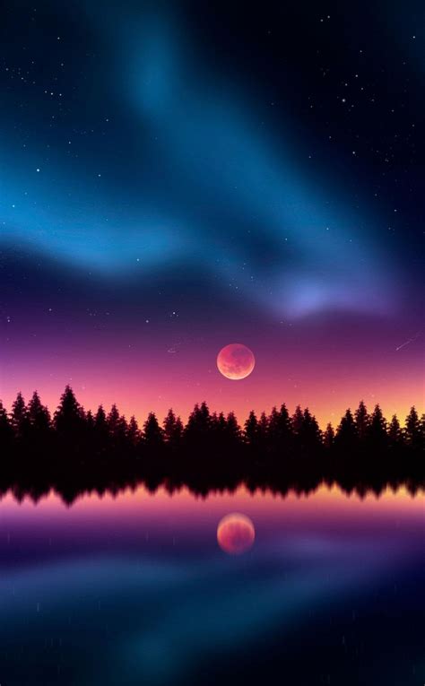 Colorful, night, stars, silhouette, lake, reflections, 950x1534 ...