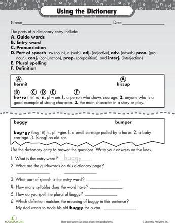 Using the Dictionary | Worksheet | Education.com | Dictionary skills ...