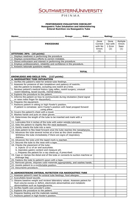 NGT Insertion AND Feeding - PERFORMANCE EVALUATION CHECKLIST Nasogastric Tube Intubation and ...