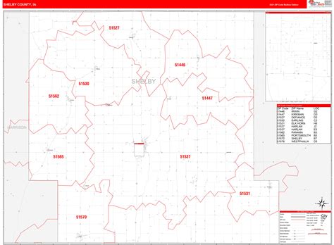 Shelby County, IA Zip Code Wall Map Red Line Style by MarketMAPS