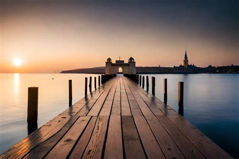 Premium AI Image | a wooden pier with a sunset in the background.