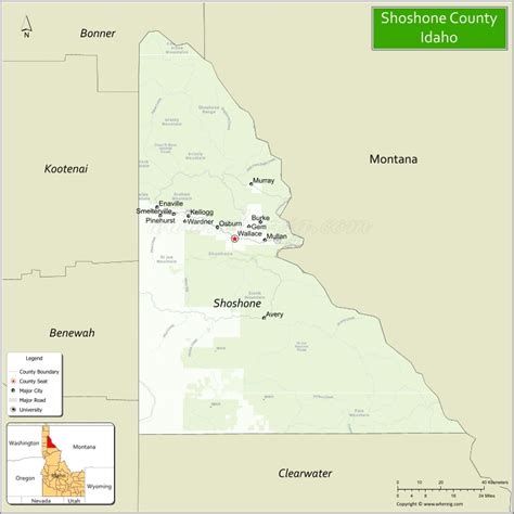 Map of Shoshone County, Idaho showing cities, highways & important ...