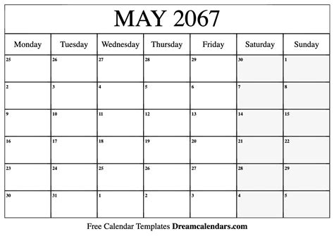 May 2067 Calendar - Free Printable with Holidays and Observances