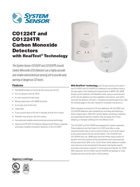 System Sensor CO1224T - 4-Wire CO Detector Data Sheet | Sensor ...