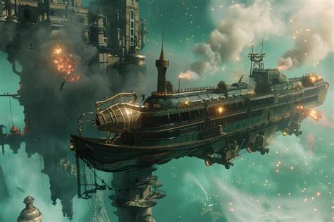 Premium Photo | Steampunk airship battle above a floating fortress