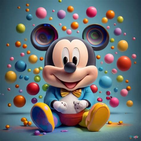 a mickey mouse sitting on the ground surrounded by balloons and confetti, with bubbles all ...