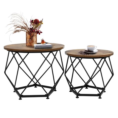 Round Coffee Table, Modern Coffee Table Set of 2 Wooden Surface with Metal Frame, Small Side ...