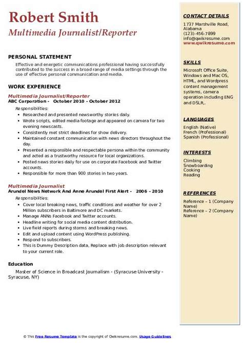 Multimedia Journalist Resume Samples | QwikResume