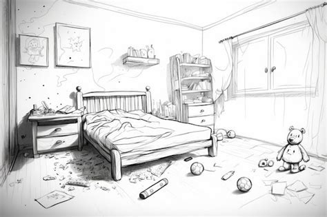 Premium AI Image | Child room with messy bed and scattered toys pencil sketch style