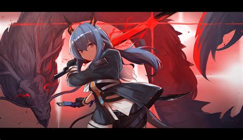 Dragon, Tail, Digital Art, Red Eyes, Blue Hair, Portrait, Gloves, Anime, Arknights, Artwork ...