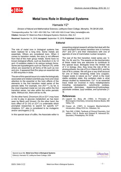 (PDF) Metal Ions Role in Biological Systems