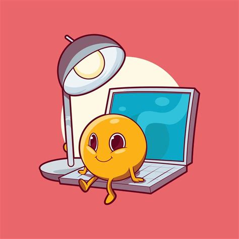 An emoji character seated on a laptop next to a desk lamp vector illustration. Tech ...