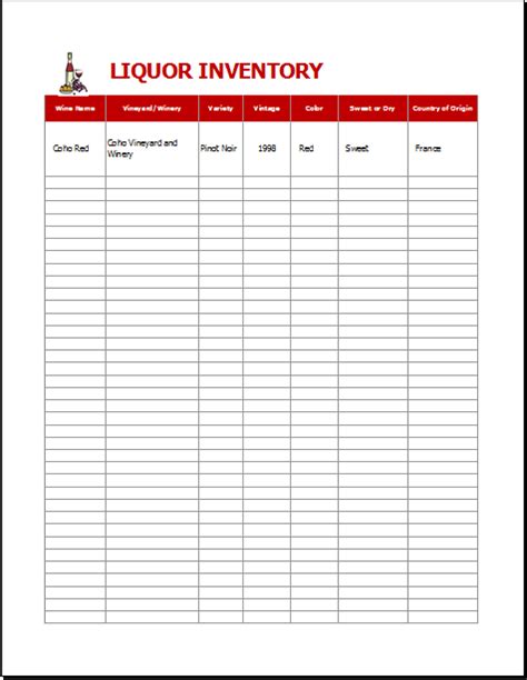 Liquor Inventory Sheet Template for Excel