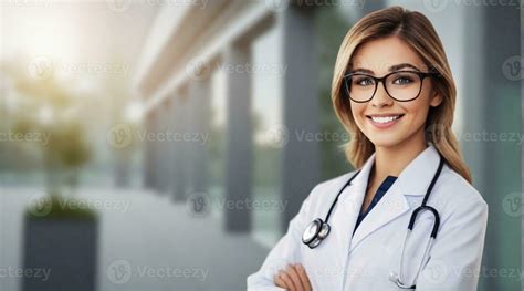 beautiful smiling female wearing doctor uniform and glasses portrait with space for text ...