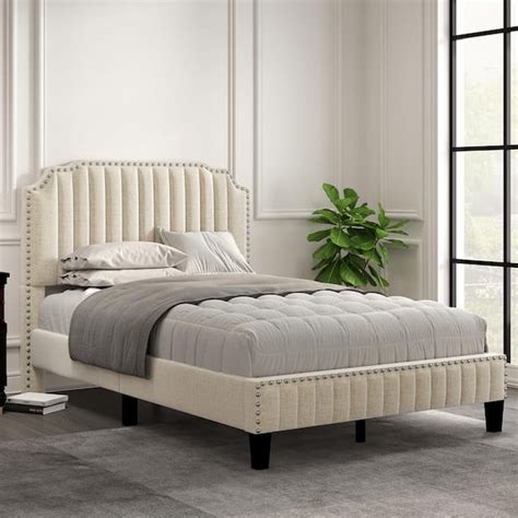 URTR White Wood Frame Full Size Upholstered Platform Bed with Headboard ...