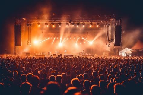 Premium Photo | A crowd at a concert with a stage lit up with lights.