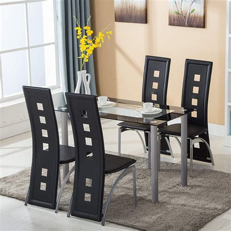 Ktaxon 5 Piece Glass Dining Table Set With 4 Faux Leather Chairs Dining Furniture Black ...