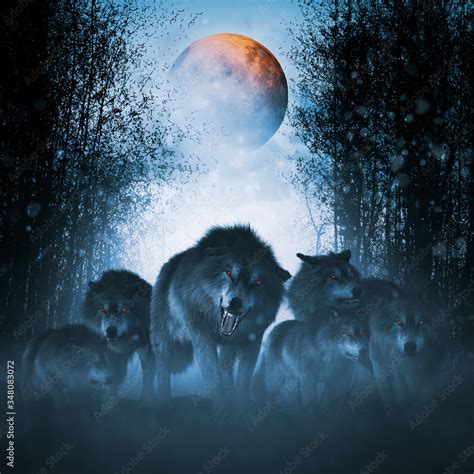 The pack of red moon,Group of ferocious wolf in the forest,3d illustration Stock Illustration ...